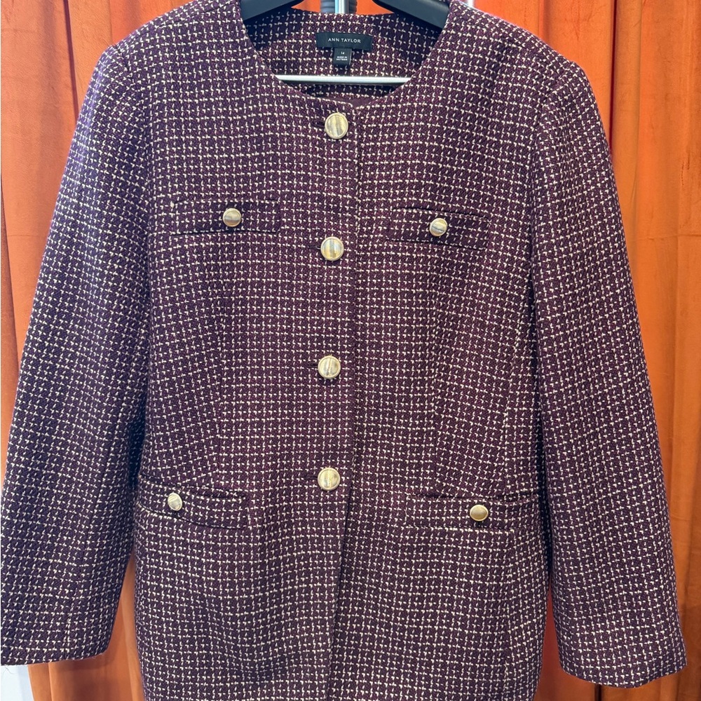Ann Taylor Plum Tweed Blazer with Gold Buttons